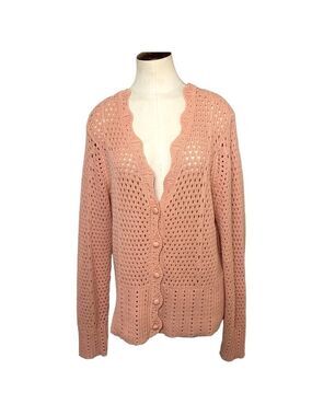 Marled Pink Crochet Knit Cardigan Sweater Scallop Trim Sz L Cottage Boho